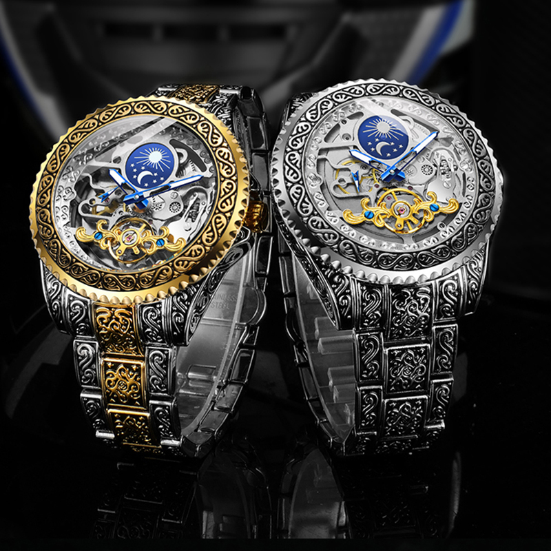 Moonphase Complication Watch - Forsining 남성용 럭셔리 투명 스켈레톤 자동