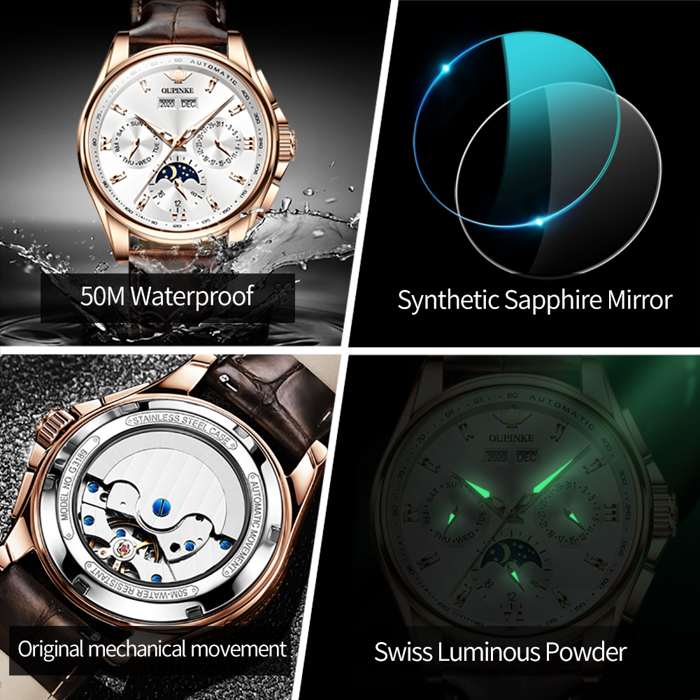 OUPINKE 3189 남자 완전 자동 기계식 시계 가 - Moonphase Complication Watch 리뷰 및 가격
